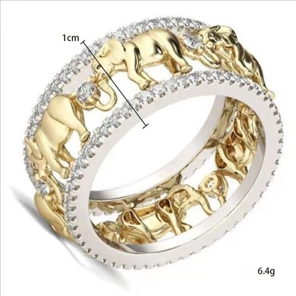 3/$35 Gold Plated Elephant Band Ring Two Tone Rhinestones Diamond Animal - Picture 5 of 5